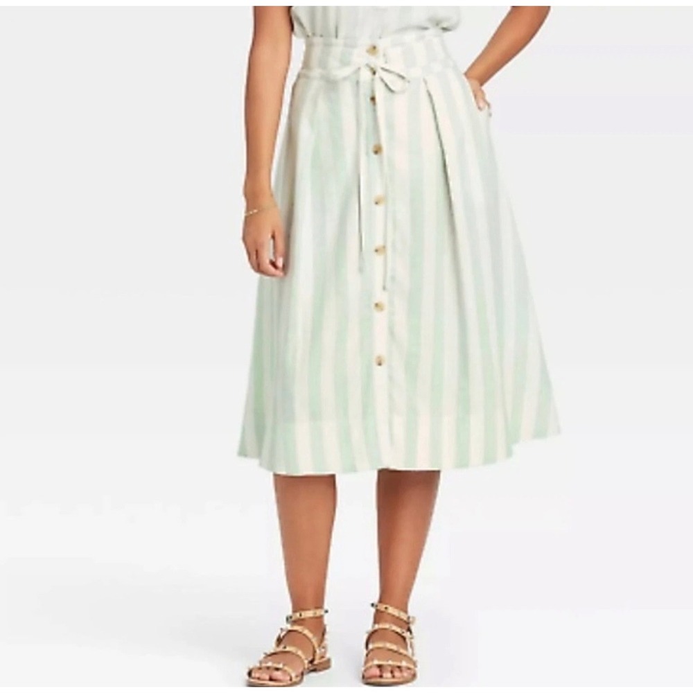 A New Day Midi Skirt Women S Green White Striped Linen Blend